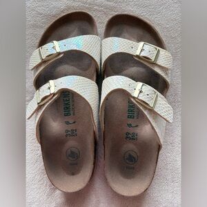 Birkenstock White Sandals with Gold Buckles